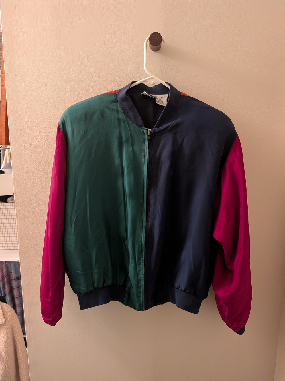 80s Silk Colorblock Bomber Jacket in Teal, Navy, Orange & Magenta - Size M